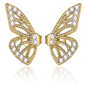 NEW Gold Plated S925 Half Butterfly Mismatch Diamond Simulate Stud Earrings 0.5”